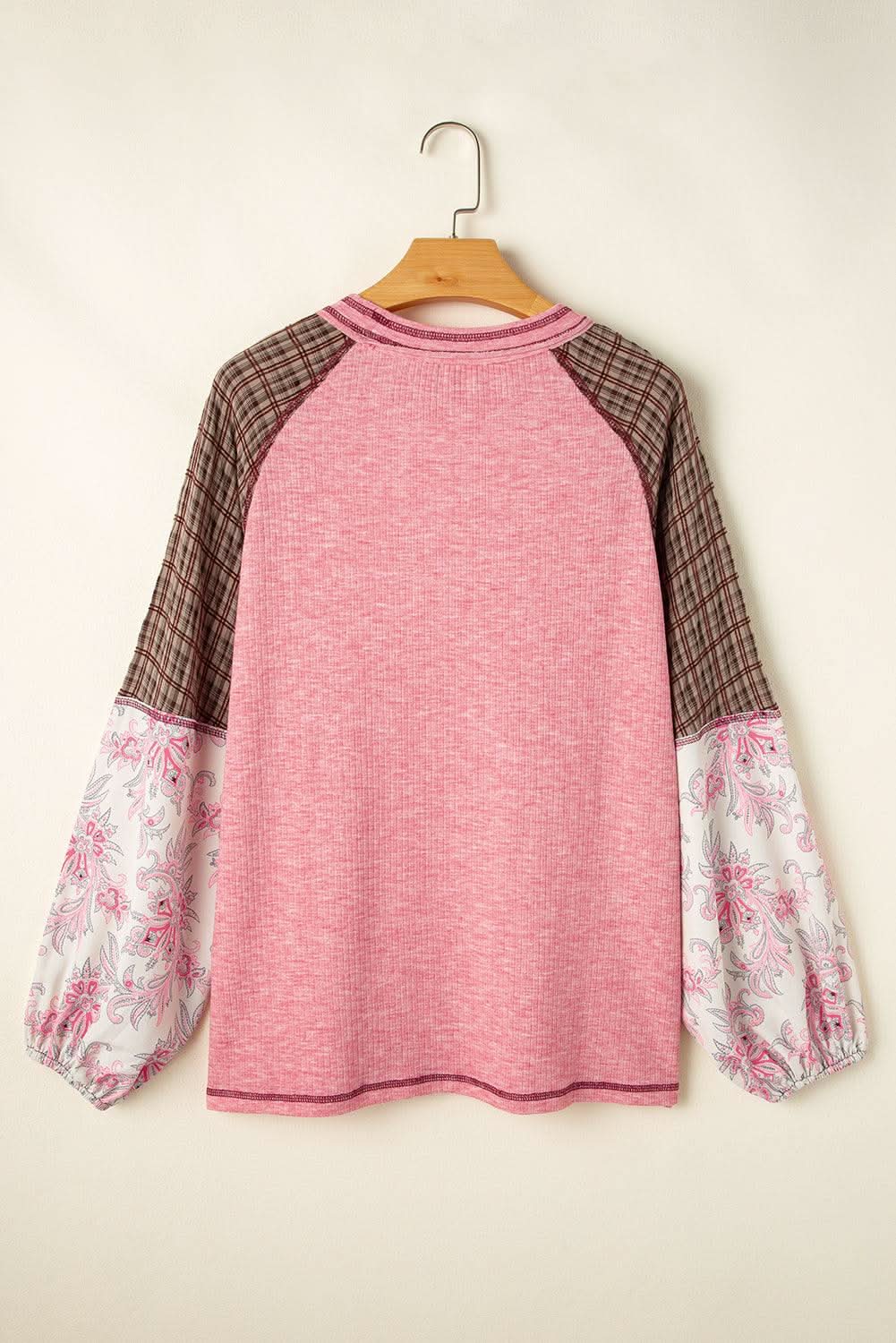 Fushia Mixed Print Patchwork Raglan Ribbed Knit Top - Love Salve